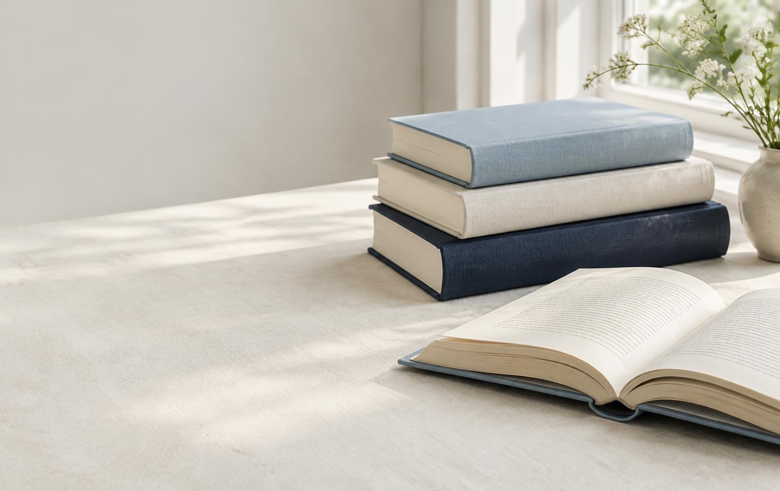 Clothbound books and an open novel in soft daylight